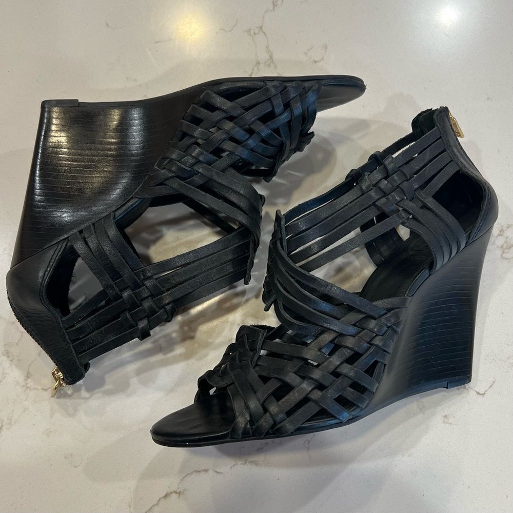 Tory Burch Black Leather Tevray Huarache Wedge Sandals - Picture 6 of 10
